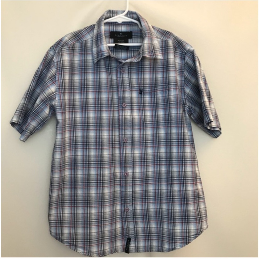 Boy’s Kenneth Cole Reaction Blue and Gray Plaid Button Down Shirt Size M (12-14)